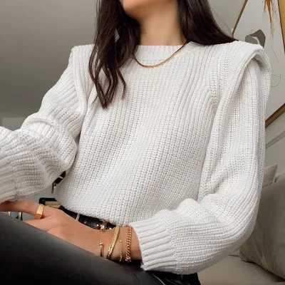 

B54199A Wholesale women fashion shoulder pad long sleeve slim knit sweater