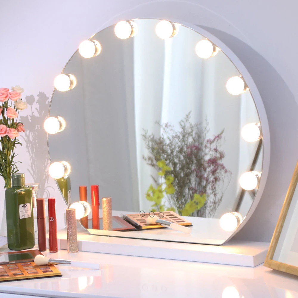 

Makeup Mirror with Light bulbs, Hollywood Lighted Vanity Mirror with Touch Screen Dimmer, Three color light Large desktop Mirror, White or customized color