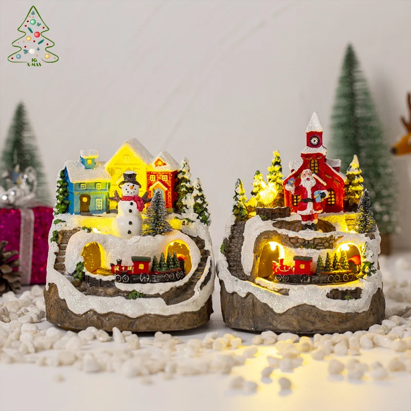 

KG Xmas Navidad Resina Personalized Resin Christmas Ornaments Christmas Glowing Snow House Music Box With Rotating Train