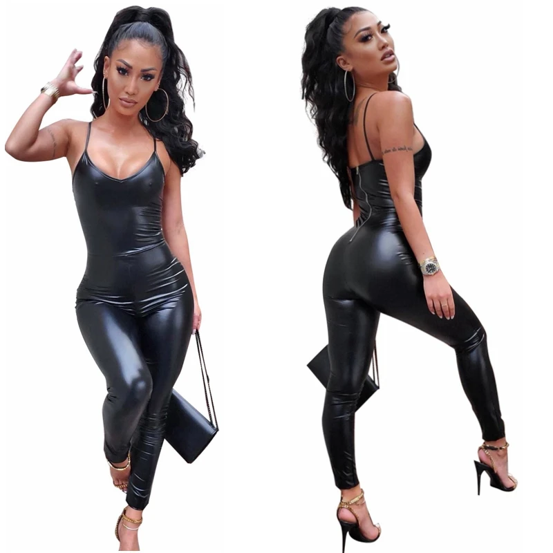 

BN008 New Style Bodycon Women Sling Slim Jumpsuit Ladies Black Leather Pants For Women