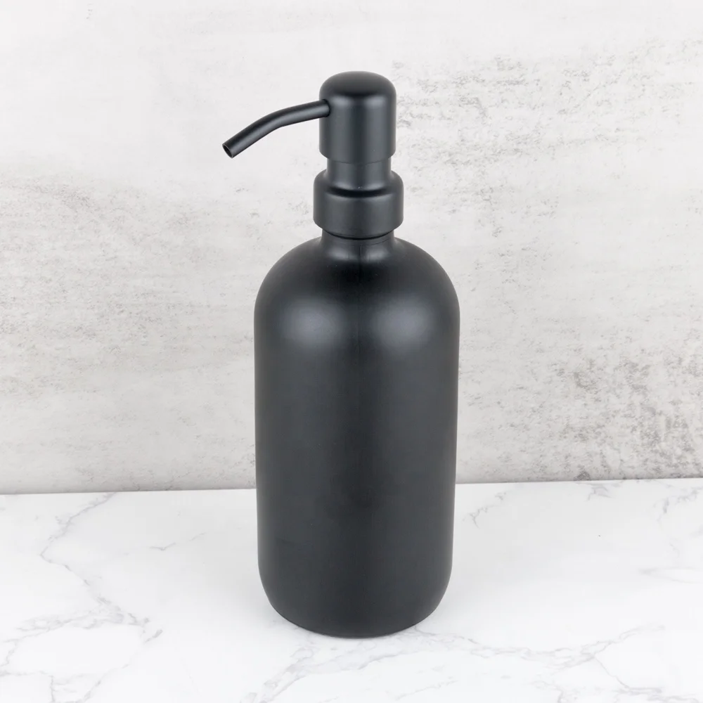 Black Coated Glass Boston Round Bottles with Stainless Steel Soap Pump for Kitchen and Bathroom - Set of 2 16 Ounce Jars