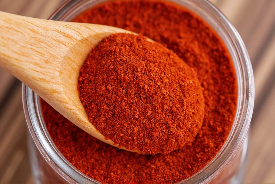 Close-up of ground red chili pepper in a glass spice jar with wooden spoon