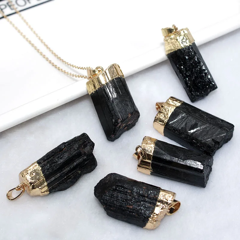 

Black Tourmaline Pendant Natural Black Tourmaline Rough Electroplating Edging DIY Necklace Jewelry Accessories