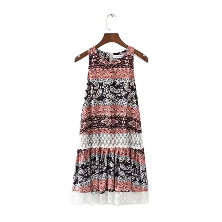 

Fashion printing human cotton lace Splicing girl dress