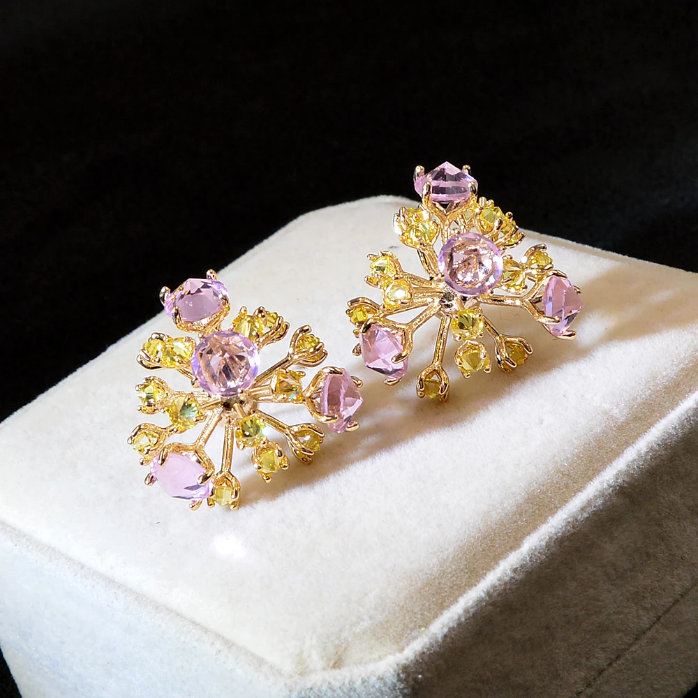 

3 Colors Available Cubic Zirconia Flower Stud Earrings for Women Large Snowflake Earrings Luxury Wedding Jewelry, Blue pink
