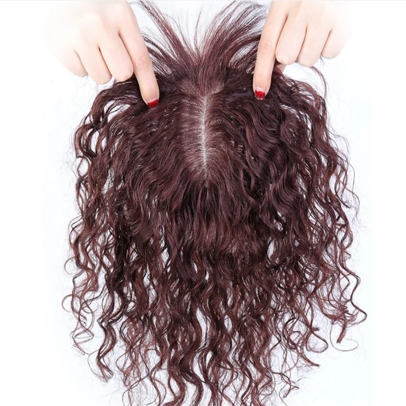 

HQ Brown Human Hair Toupee 5*5.5 Silk base Curly with Clips For Less Hair