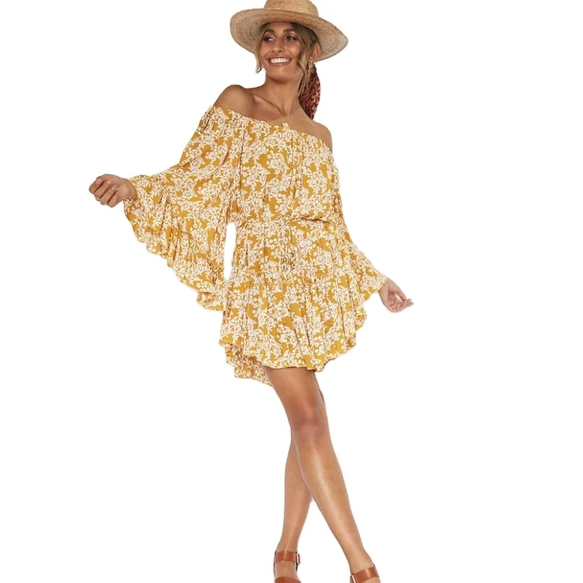 

2020 new arrivals summer design off shoulder long sleeve women floral printed summer dresses flower casual dresses