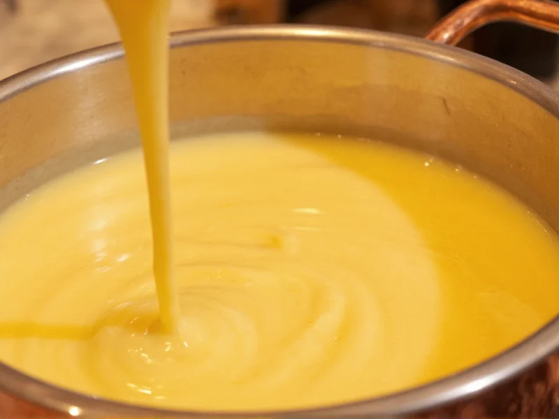 Smooth cheese sauce swirling in copper pot