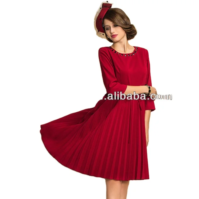2020 Half Sleeve Pleated Knee Length crinkle chiffon dress vintage dress red chiffon dress