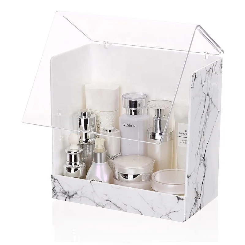 

Hard shell waterproof and dustproof cosmetic storage makeup organizer box with roof, White with marble printing