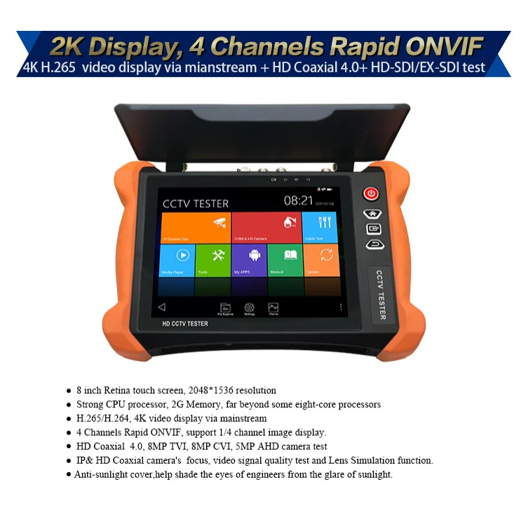 IP Camera Tester 8 inch retina touch screen Security IP CCTV Tester 8MP CVI/ TVI/ AHD 8MP EX-SDI HD-SDI, 3G-SDIcamera test