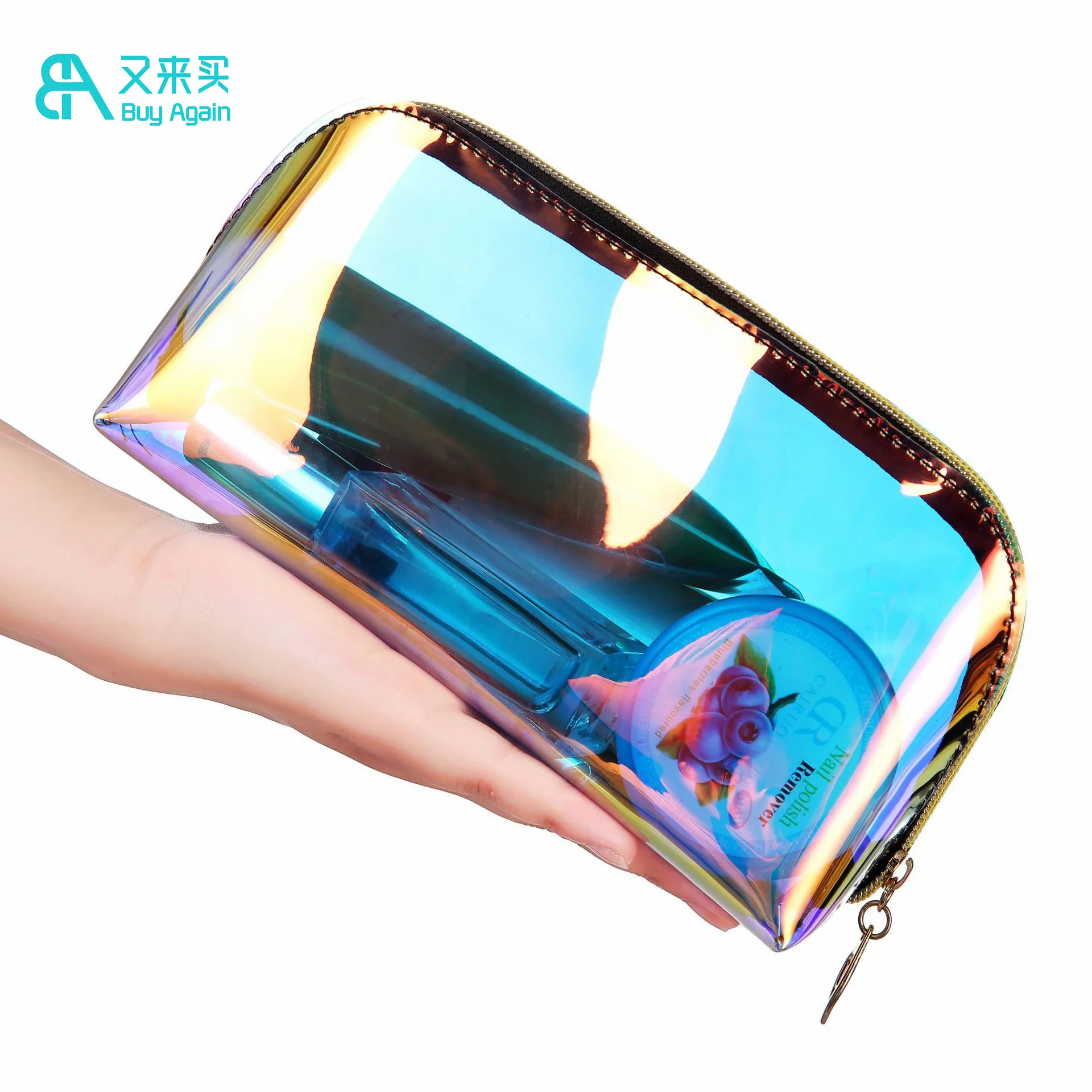 

cosmetics bag women makeup brush thick kit big make up bag clear vinyl pvc zipper large pvc holographic private label makeup bag, Golden