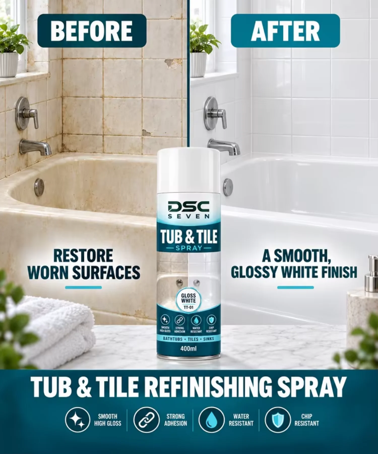 Acrylic Chip Resistant Tub and Tile Spray Paint Gloss White Strong Adhesion Water Resistant Aerosol Bathtub Tile Sink 400ml