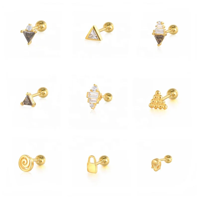 

Fashion Multi Style Triangle Small Earrings Women 925 Silver Jewelry Geometry Lock Grape Ear Piercing Screw Stud Earring, Gold and silver