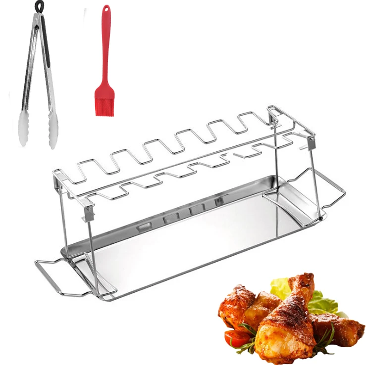 

Bbq Beef Wing Chicken Leg Grill Rack With Drip Pan 12 Slots Stainless Steel Roaster Stand Barbecue Accessories