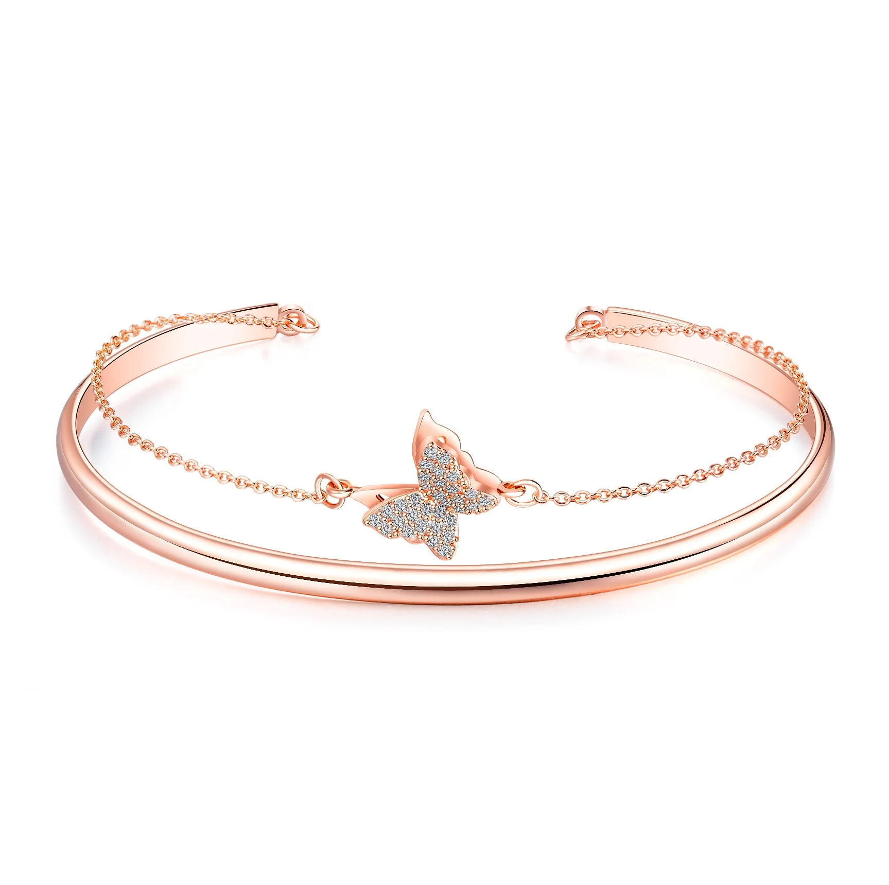 

2019 Hot Sale Copper Alloy Bracelet Rose Gold Plated Cubic Zirconia Diamond Butterfly Chain Cuff Bangle For Women