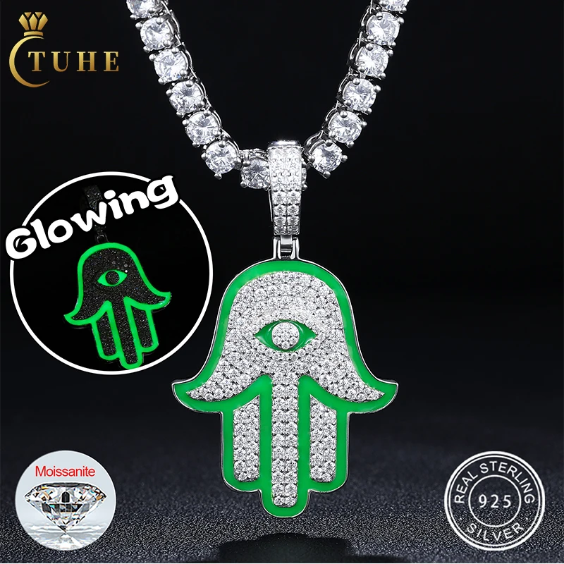 

Trend Enamel Plated 925 Sterling Silver VVS Moissanite Diamond Iced Out Evil Eye Hamsa Hand Pendant Necklace For Men Women