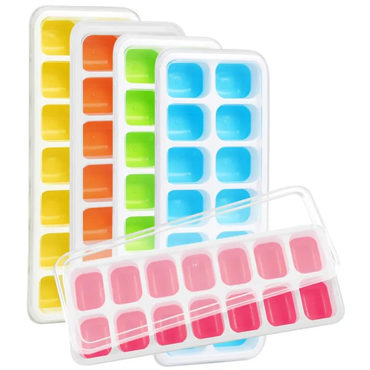 

Custom Release Easy Creative Christmas Mold BPA free 14 holes silicone ice cube tray with Removable Lid, Green / blue / orange etc.
