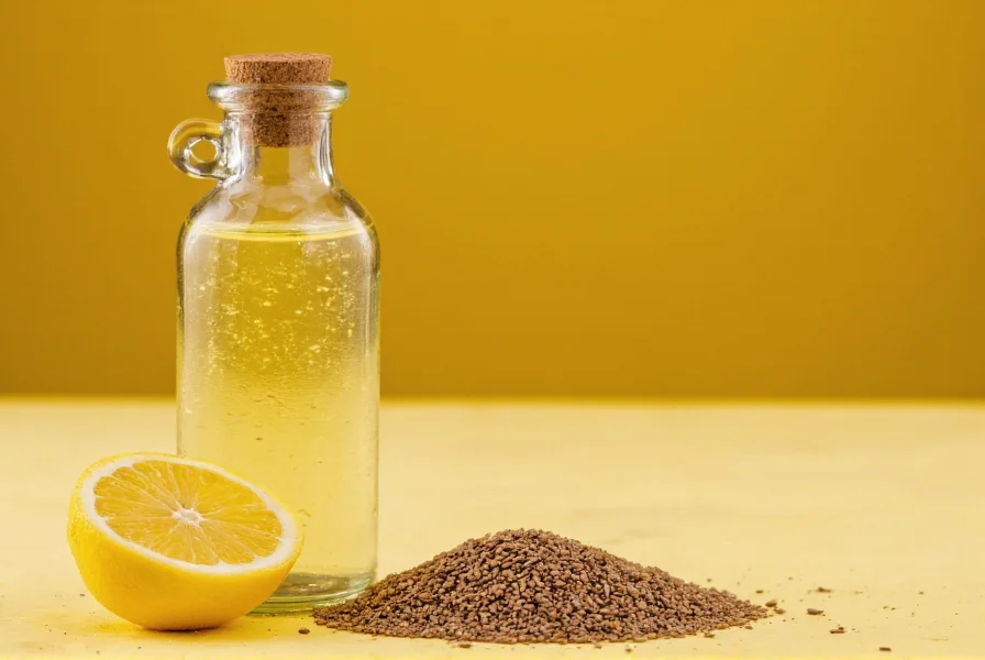 Glass bottle of golden cumin water next to whole cumin seeds and fresh lemon slice