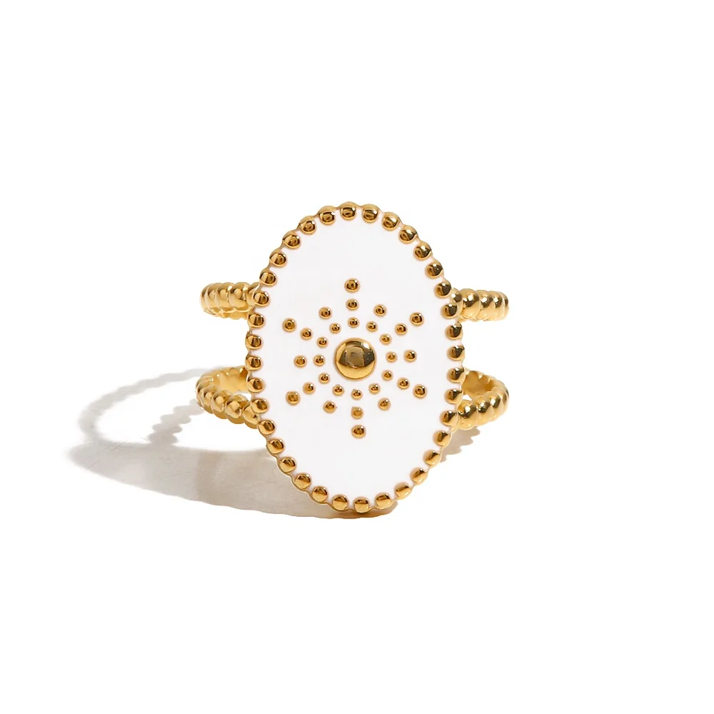 

Layer Beads Chain Design White Enameled Star Shiny 18K Gold Plated Stainless Steel Opening Rings