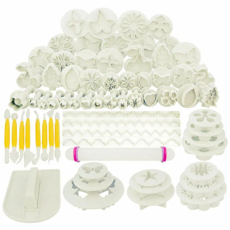 

Set of 68 Fondant Cake Decorating Plunger Cutter Tools Cookies Mould 21 style plastic cookie cutters, White