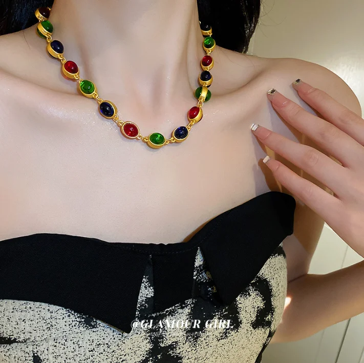 

Retro luxury love diamond multi-color geometric choker necklace for women fashion jewelry necklaces