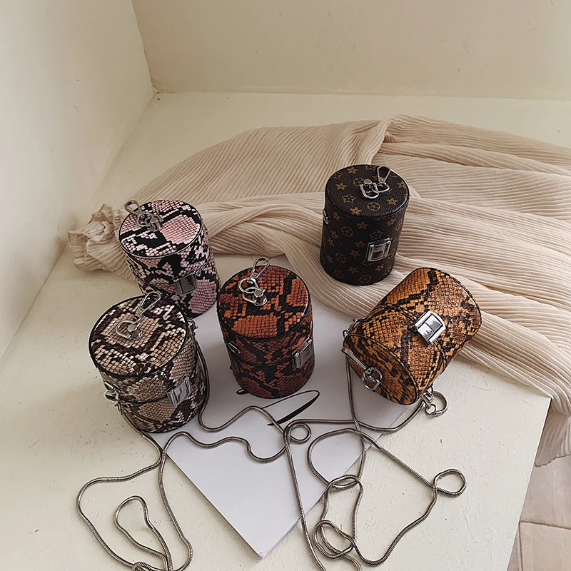 

Best selling 2020 summer fashion small cylinder bag ladies leather crossbody bags snakeskin mini bag cute purse for women