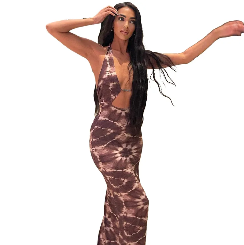 

Night Club Party Street Printed Womens Dresses Fashion Hollow Halterneck Sleeveless Long 2021 Summer Dresses Women