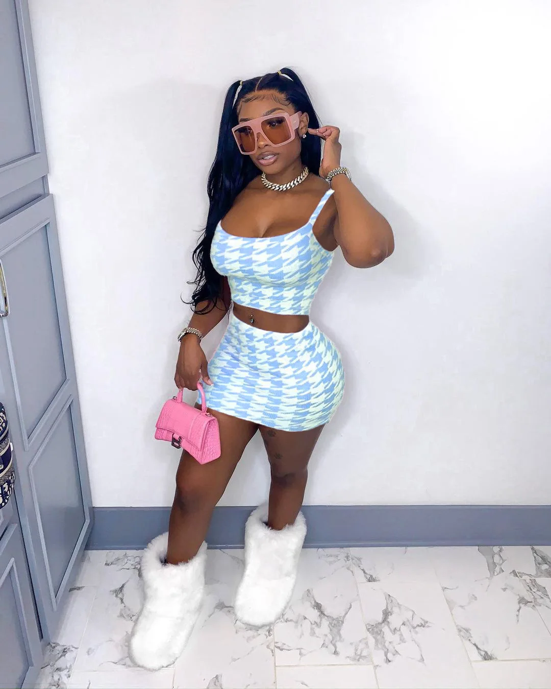 

MIYU 2021 Designer plaid skirt set summer Sleeveless Crop Top And mini skirt Two Piece Short Set Women Clothing