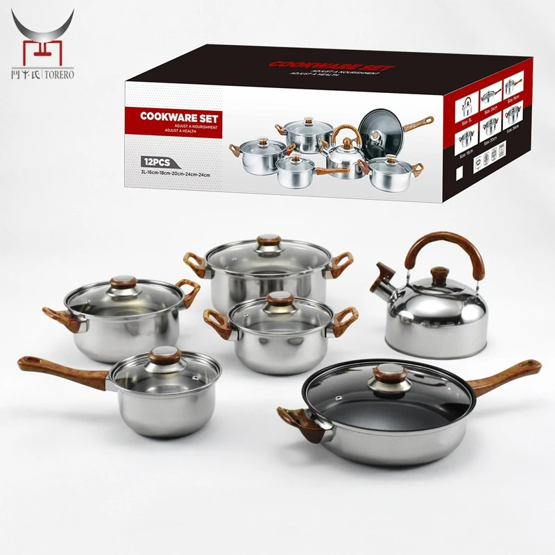 

Wholesale 12 Pcs Stainless Steel Cookware Sets With Water Bottle Kitchenware Home Wood Grain Handle Cooking Pots and Pans
