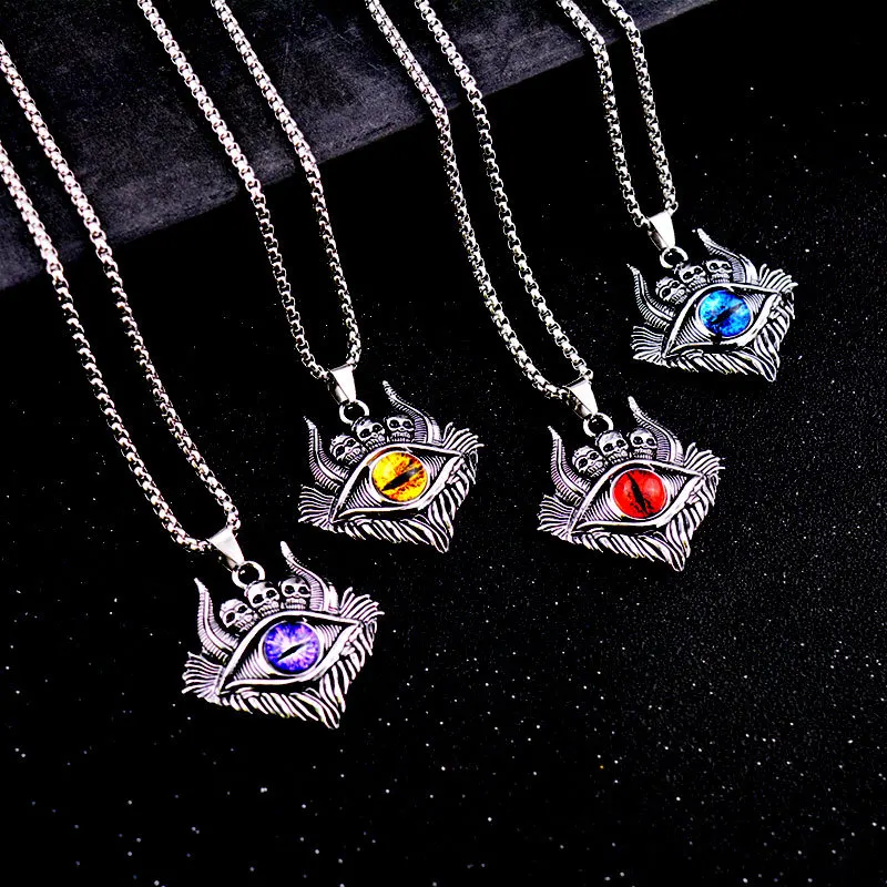 

SC Gothic Viking Devil Eye Necklace Cow Head Pendant Necklace Stainless Steel Chain Satan Devil Eye Skull Necklace for Men