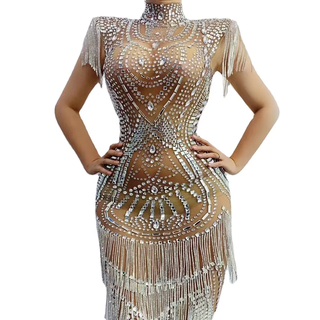 

Sparkly Sequins Feather Dress Women Birthday Celebrate Wedding Bar DS Latin Dresses Dance Dress