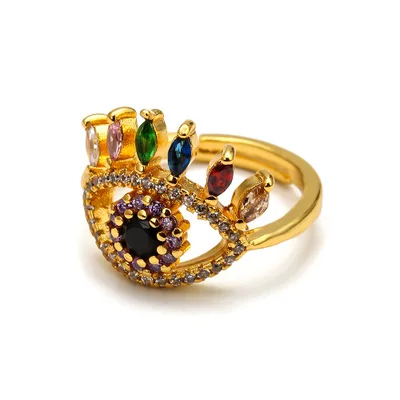 

2021 Luxury Jewelry Adjustable Full CZ Eyes Shaped Rings 18K Gold Plated Rainbow Cubic Zirconia Evil Eyes Finger Rings For Women