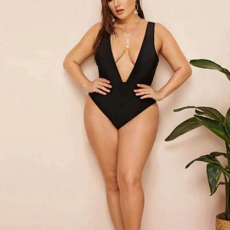 

2020 Amazon New Fashion Sexy High Waist Black V collar Backless Pure Color Elasticity Durable Plus Size Bikini, As picture