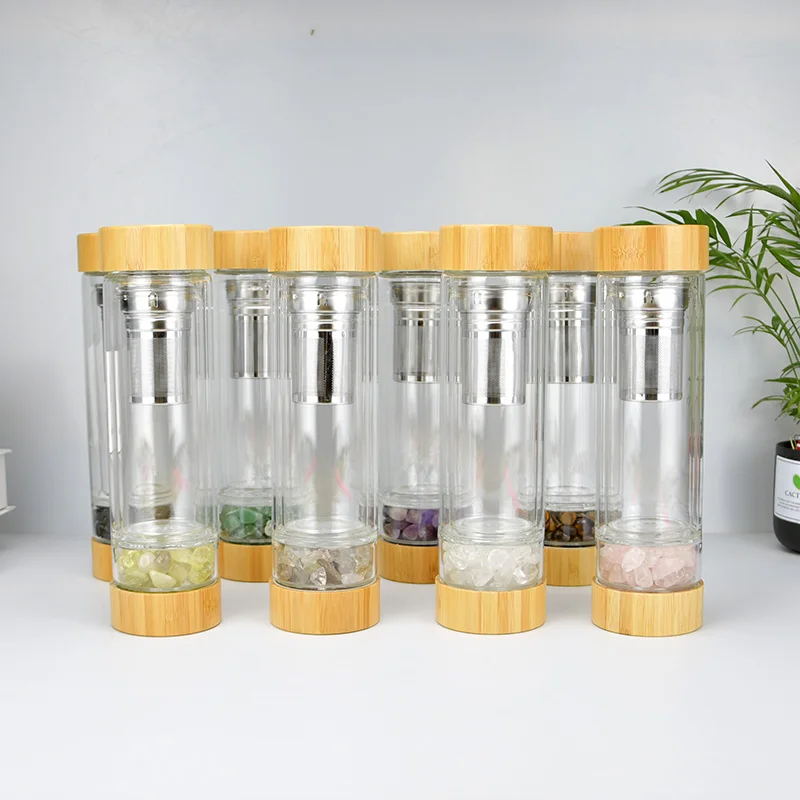 

Good Luck Popular Colorful Gravel Quartz Nature Crystal Stone Borosilicate Double Wall Glass Water Bottles with Bamboo Lid, Transparent/different color of crystal