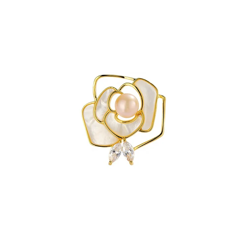 

Copper zircon camellia brooch high-end female natural shell brooch small fragrance pin buckle