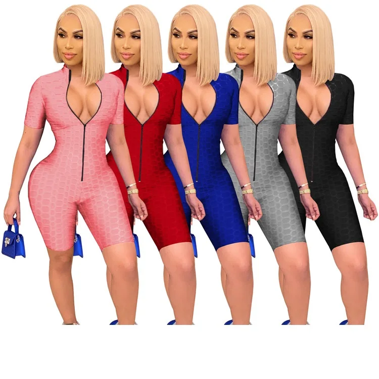 

LXE Custom Casual Ladies Rompers Short Sleeve Zipper Yoga Fitness Wear Summer Women Bodycon Jumpsuits