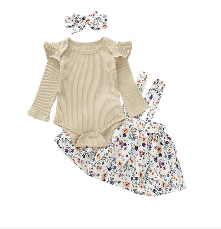 

Baby girl clothes set cotton wear sewwt style rib bodysuit and flower dress with band cute wear, Picture shows