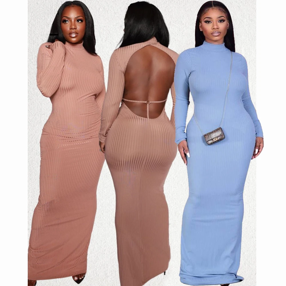 

Women's Clothing Casual Cotton Fall Winter Solid Color Pencil Maxi Dress Long Sleeve Bodycon Elegant Ladies Long Party Dress