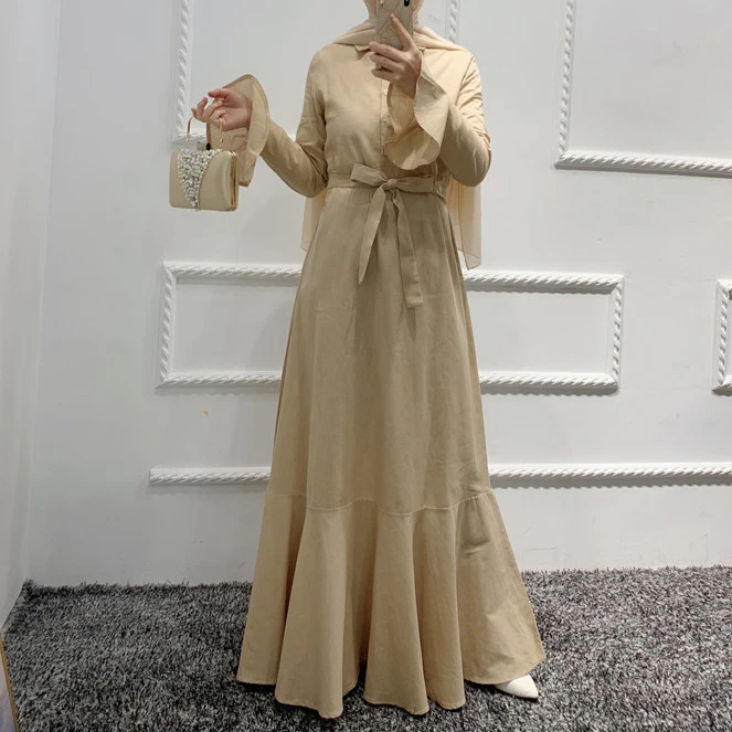 

Islamic Clothing Elegant A Shape Button Half Maxi Dress Dubai Cotton Linen Modest Abaya with Ruffle Sleeves, 4 colors in stock also accept customized