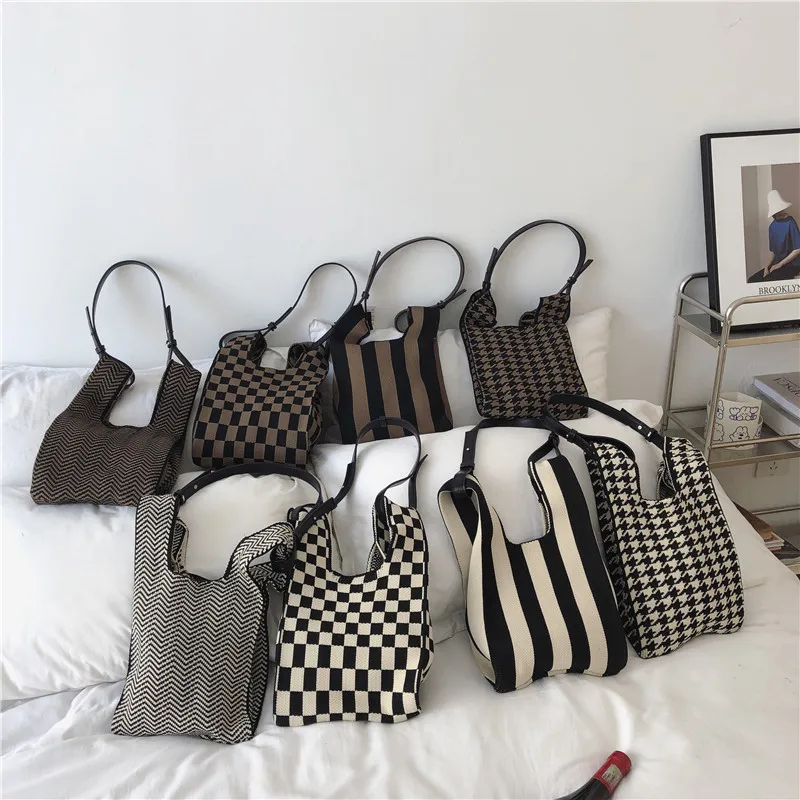 

Japanese design knitted checkerboard bag new leather shoulder strap single shoulder bag korean fashion underarm bags, 13 colors