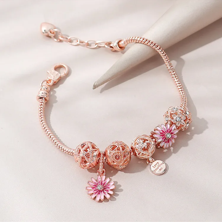 

New Delicate Pink Snake Chain Charm Bracelet Daisy Beaded Flower Bead Braclet, Picture