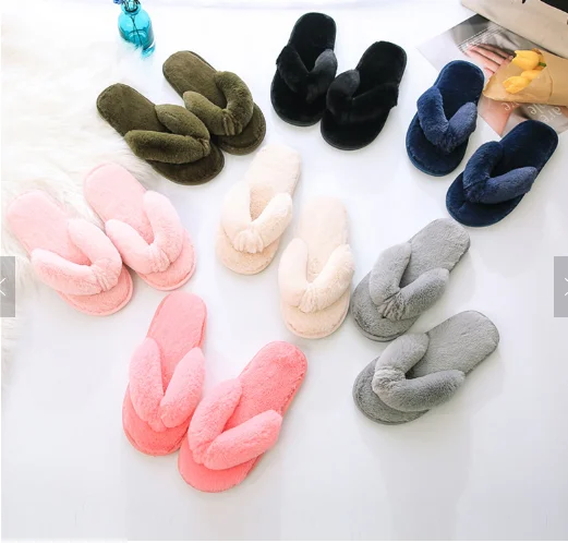 

YIWU XINYU Big size faux fur slippers indoor plush fur flip flops, women fluffy fur thong, Customized color