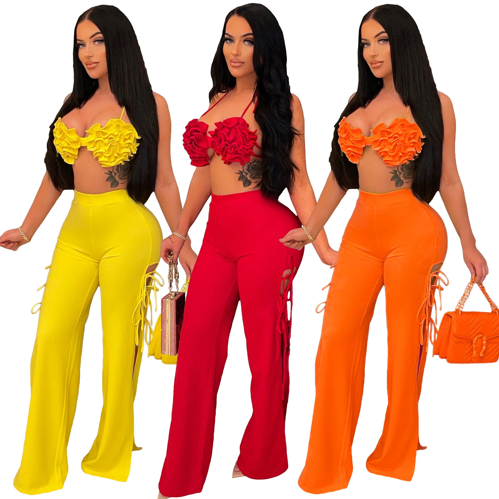 

wholesale spring summer women clothing party sexy flower bra crop top backless with long flares pant two 2 pieces pants set, Customized color