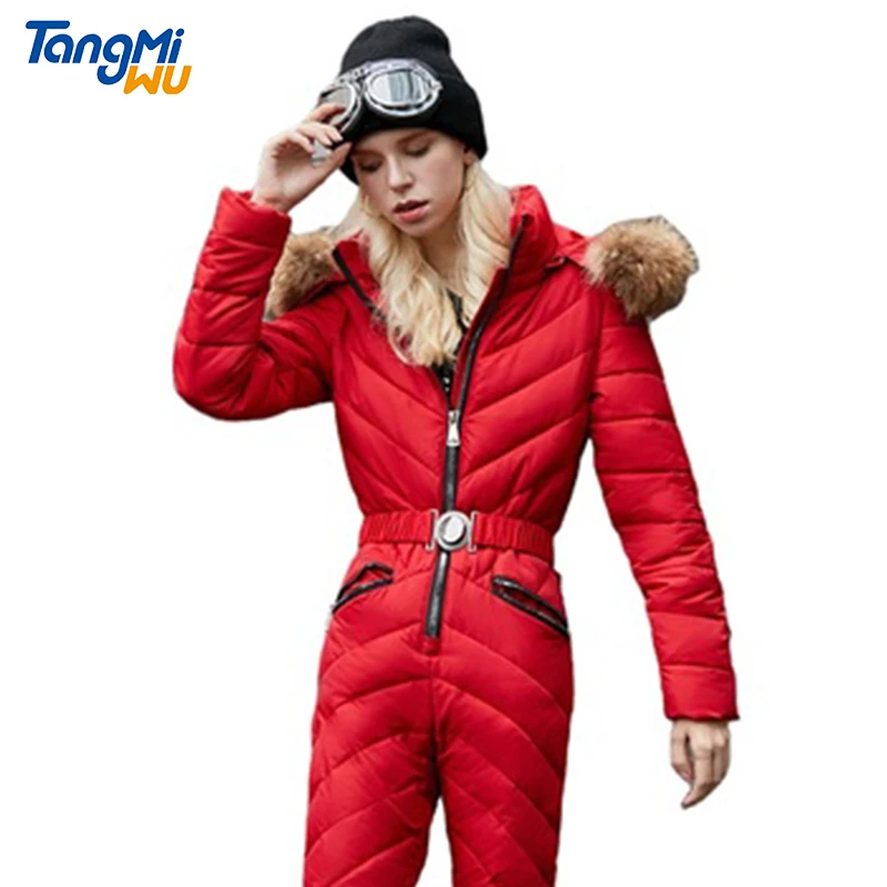 

TMW wholesale winter warm cotton ski suit stuffing one-piece set combinaison de sk thickened outdoor skiwear ski jumpsuit women, Multicolor