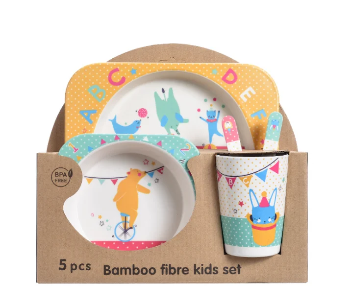 

Wholesale BPA Free 5pcs Bamboo Fiber Melamine Plate Dinner Set for Kids