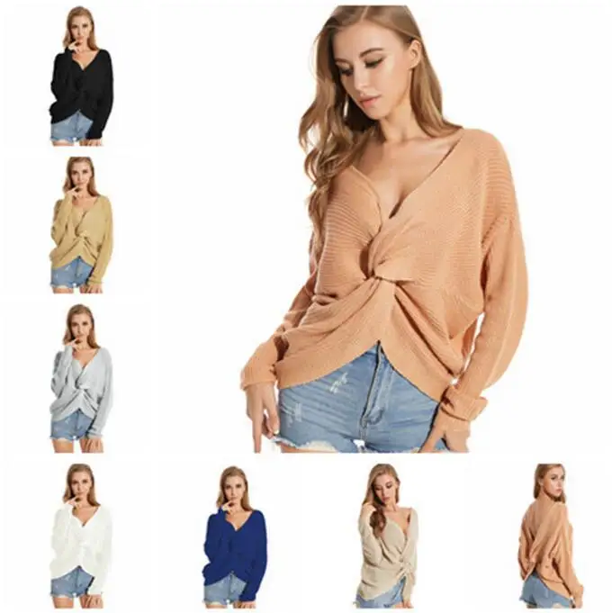 

WIIPU Womens Knitted Sweater V Neck Cardigan Long Sleeve Knot Sweatshirt Pullover