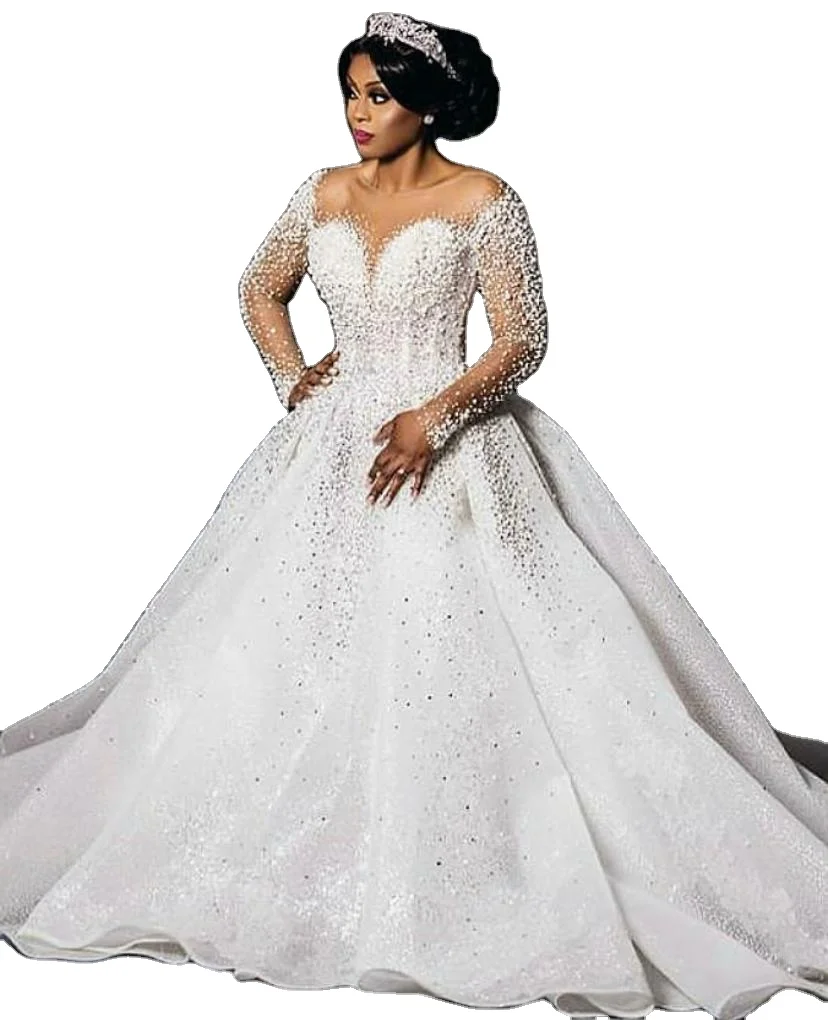 

T253 Luxury Ball Gown wedding dress Customized Size Heavy beading Sereia Bridal Dress Long Sleeves African Wedding Gowns