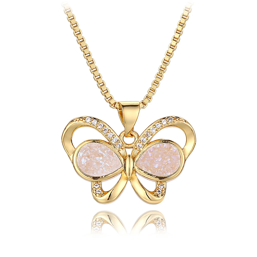 

Hot selling cubic zirconia natural druzy healing stone butterfly pendant statement necklace for women jewelry, Champagne,rainbow,blue,opal