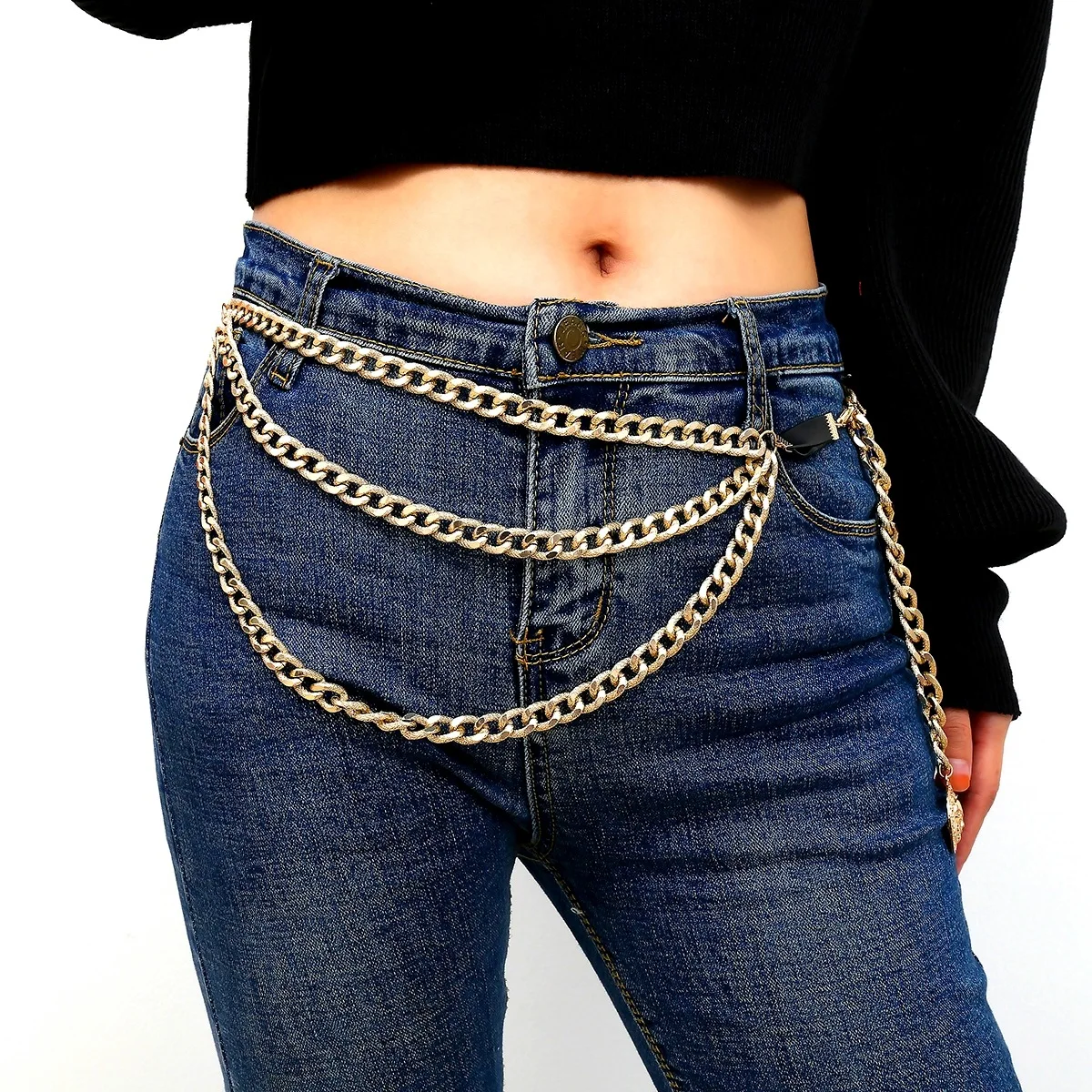 

2021 Elva Fashion Hiphop Sexy Women Vintage Jewelry Body Waist Crystal Chain Stainless Body Chain, Silver and gold plated